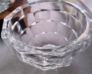 Lot 6106. $45.00. Textured lead crystal ice bucket w/tongs (6"t x 4"dia), crystal covered jelly jar fruit shaped,(5"t x 3"dia), Kosta signed bowl (4"w x 3"t), lenox bowl (5"dia x 2"tall).