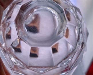 Lot 6106. $45.00. Textured lead crystal ice bucket w/tongs (6"t x 4"dia), crystal covered jelly jar fruit shaped,(5"t x 3"dia), Kosta signed bowl (4"w x 3"t), Lenox bowl (5"dia x 2"tall).