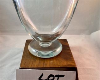 Lot 6109. $50.00- Four Items. Lead Crystal Footed Vase (uber heavy and great looking)(6.5"t x 6"w x 3.5"d), Crystal covered jam jar (4" x 3"), Lead crystal candy bowl and tiny crystal bowl with floral wire lid. Sweet!!