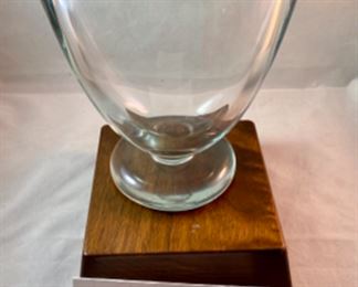 Lot 6109. $50.00- Four Items. Lead Crystal Footed Vase (uber heavy and great looking)(6.5"t x 6"w x 3.5"d), Crystal covered jam jar (4" x 3"), Lead crystal candy bowl and tiny crystal bowl with floral wire lid. Sweet!!