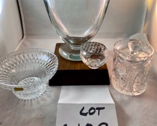 Lot 6109. $50.00- Four Items. Lead Crystal Footed Vase (uber heavy and great looking)(6.5"t x 6"w x 3.5"d), Crystal covered jam jar (4" x 3"), Lead crystal candy bowl and tiny crystal bowl with floral wire lid. Sweet!!