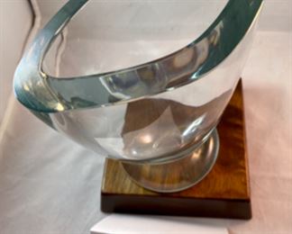 Lot 6109. $50.00- Four Items. Lead Crystal Footed Vase (uber heavy and great looking)(6.5"t x 6"w x 3.5"d), Crystal covered jam jar (4" x 3"), Lead crystal candy bowl and tiny crystal bowl with floral wire lid. Sweet!!