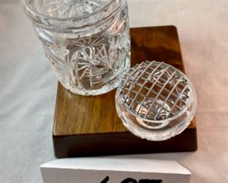 Lot 6109. $50.00- Four Items. Lead Crystal Footed Vase (uber heavy and great looking)(6.5"t x 6"w x 3.5"d), Crystal covered jam jar (4" x 3"), Lead crystal candy bowl and tiny crystal bowl with floral wire lid. Sweet!!