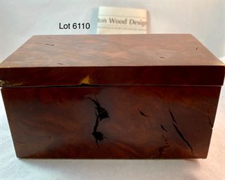 Lot 6110 $80.00. What a Lot! Beautifully Crafted Jeffrey Seaton Wood Design "Mountain Lilac Burl" Wooden Box 5.5" W 3" D x 2.75 H; Esprit Table Lighter 3.5" W x 2.5" with Advertising; Footed Pen Holder with World Map "Yaco di Firenze" Made in Italy, 3.5" x 3" Diam. Oooh la la this box is Sensational!!