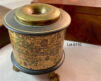 Lot 6110 $80.00. What a Lot! Beautifully Crafted Jeffrey Seaton Wood Design "Mountain Lilac Burl" Wooden Box 5.5" W 3" D x 2.75 H; Esprit Table Lighter 3.5" W x 2.5" with Advertising; Footed Pen Holder with World Map "Yaco di Firenze" Made in Italy, 3.5" x 3" Diam.