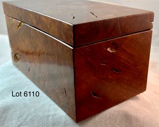 Lot 6110 $80.00. What a Lot! Beautifully Crafted Jeffrey Seaton Wood Design "Mountain Lilac Burl" Wooden Box 5.5" W 3" D x 2.75 H; Esprit Table Lighter 3.5" W x 2.5" with Advertising; Footed Pen Holder with World Map "Yaco di Firenze" Made in Italy, 3.5" x 3" Diam. Oooh la la this box is Sensational!!