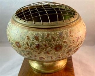 Lot 6112 $60.00. Beautiful Brass Flower Bowl with Stem screen-Enamel over Brass. Very intricate 5" H x 6" D. Stunning Objet d'art! Appears to be painted with that Japanese "moriage" technique using dots of enamel.