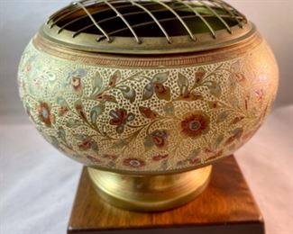 Lot 6112 $60.00. Beautiful Brass Flower Bowl with Stem screen-Enamel over Brass. Very intricate 5" H x 6" D. Stunning Objet d'art! Appears to be painted with that Japanese "moriage" technique using dots of enamel.