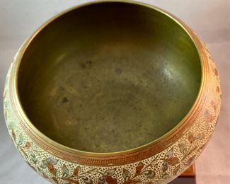 Lot 6112 $60.00. Beautiful Brass Flower Bowl with Stem screen-Enamel over Brass. Very intricate 5" H x 6" D. Stunning Objet d'art! Appears to be painted with that Japanese "moriage" technique using dots of enamel.