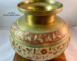 Lot 6112 $60.00. Beautiful Brass Flower Bowl with Stem screen-Enamel over Brass. Very intricate 5" H x 6" D. Stunning Objet d'art! Appears to be painted with that Japanese "moriage" technique using dots of enamel.