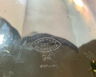 Lot 6113 $550.00 Circa 1950's - 1960's MCM Sterling Silver Elongated Footed Bowl with Loop Handles handmade by Alfredo Sciarrotta, Modernist (1903-1985) (this was made for Bailey, Banks and Biddle.) 15.5" L x 7" W x 4" #94. Approximately 32 us ounces.