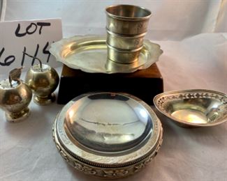 Lot 6114 $180.00. Sterling Silver Lot includes: 259 grams Sterling, not including the weighted item. Includes:Tray with Scalloped Edge; Apple S&P Shaker; 3.33 oz Jigger Shot Glass; Small pin dish Bowl with reticulated edge and weighted sterling.