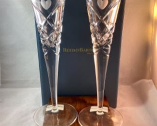 Lot 6115 $50.00 Reed & Barton 2 Toasting Champagne Crystal Flutes 10.75" + Heart Flutes Lead Crystal made in Slovakia, in Box, Sold at Neiman Marcus.