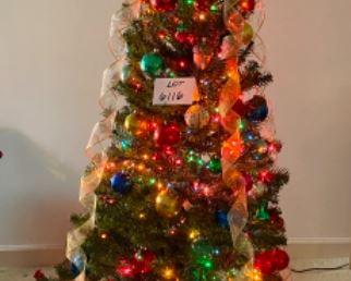 Lot 6116. $120.00. It's Christmas in March! 5.5' Tree, completely decorated with lots of ornaments, garland, tree skirt, star on top, colored lights, snow globe, shiny brite vintage ornaments, snowman bowl with greens, 3 teddies beneath, 3 candles. You don't need another thing! Ho Ho Ho,