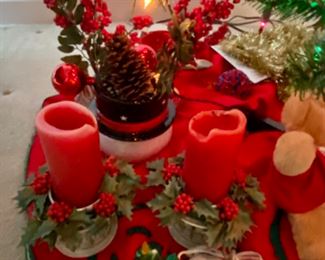 Lot 6116. $120.00. It's Christmas in March! 5.5' Tree, completely decorated with lots of ornaments, garland, tree skirt, star on top, colored lights, snow globe, shiny brite vintage ornaments, snowman bowl with greens, 3 teddies beneath, 3 candles. You don't need another thing! Ho Ho Ho,