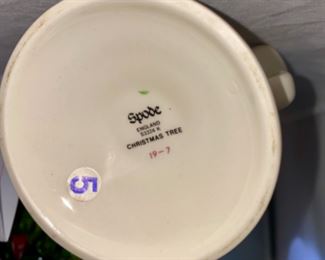 Lot 6118 $40.00. 2 Spode Christmas Candle Holders, 2 twisted Christmas tapers, and one ever popular Ceramic Tree with Lightsl (one of the little light covers has walked away - display that one in the back