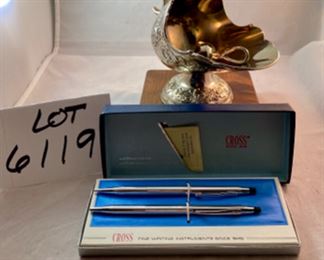 Lot 6119. $30.00. Cross Pencil & Pen Set #3501, Chrome Ballpoint and Pencil New in Box and Silver Plate Sugar Bowl and Little Scoop Inside
