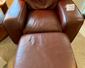 Lot 6120. $450. Leather Club Chair with Ottoman. Plush Brown Buttery Leather; no branding. Easily could be your favorite piece of furniture in your home - it is remarkably comfortable. I forecast a number of naps will take place in this super chair - nice wide arms, so you can work on your laptop or hold your toddler and read him or her a book without being squished. Don't be put off by the wrinkle on the back of the chair - it does not readily show in person and when I say this is NICE, I mean it. "34.5"" back, seat 18""h, arm 2 arm 40"", depth 36"".
depth of seat 23"", width of seat 21""w. Ottoman 24""sq, 17""h"