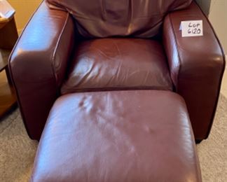 Lot 6120. $450. Leather Club Chair with Ottoman. Plush Brown Buttery Leather; no branding. Easily could be your favorite piece of furniture in your home - it is remarkably comfortable. I forecast a number of naps will take place in this super chair - nice wide arms, so you can work on your laptop or hold your toddler and read him or her a book without being squished. Don't be put off by the wrinkle on the back of the chair - it does not readily show in person and when I say this is NICE, I mean it. "34.5"" back, seat 18""h, arm 2 arm 40"", depth 36"".
depth of seat 23"", width of seat 21""w. Ottoman 24""sq, 17""h"