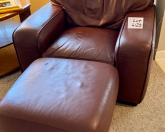 Lot 6120. $450. Leather Club Chair with Ottoman. Plush Brown Buttery Leather; no branding. Easily could be your favorite piece of furniture in your home - it is remarkably comfortable. I forecast a number of naps will take place in this super chair - nice wide arms, so you can work on your laptop or hold your toddler and read him or her a book without being squished. Don't be put off by the wrinkle on the back of the chair - it does not readily show in person and when I say this is NICE, I mean it. "34.5"" back, seat 18""h, arm 2 arm 40"", depth 36"".
depth of seat 23"", width of seat 21""w. Ottoman 24""sq, 17""h"