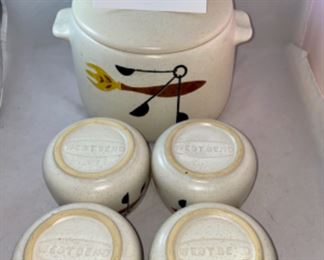 Lot 6121. $60.00. The cutest vintage 1960s West Bend Stoneware Covered Bean Pot w/4 Bowls. Bean Pot 6.5" dia x 7"h, cups 3.5"dia x 2.5"h