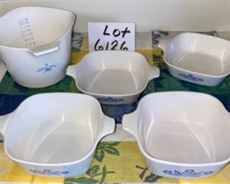 Lot 6126. $50.00. Vintage Corning Ware cooking/serving/storage pieces/measurer 8 pcs. Blue Cornflower and Iris patterns