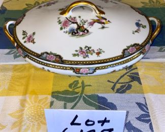 Lot 6127. $45.00. Japanese Noritake "Pheasant" Pattern with old "M" mark - Serving Dish w/lid. Gold Painted handles & trim details in remarkable condition for being over 100 years old. This is a GORGEOUS covered Bowl