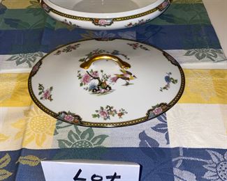 Lot 6127. $45.00. Japanese Noritake "Pheasant" Pattern with old "M" mark - Serving Dish w/lid. Gold Painted handles & trim details in remarkable condition for being over 100 years old. This is a GORGEOUS covered Bowl