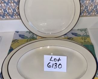 Lot 6130. $54.00 Lenox Montclair 3 pc. Platter Set. Includes a round platter: 12" round. 16"oval platter (medium), and a 17.5" oval platter (large). Beautiful White with Silver rim - goes with anything and in perfect shape!