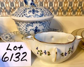 Lot 6132. $120.00. Antique Meissen Blue/White Soup Tureen w/underplate, in a lattice-work design,.we believe it's marked with the 1934 Meissen Mark of crossed swords. Made in Germany. Has a couple rim chips, but seem not to show. Also, Bonus: a Two-Spouted, 2 Handled Pitcher or Creamer, with a spout on either end. one spout is marked "M" and one "G", measures 6.5" in length, 5" from handle to handle. Such an unusual piece! Bottom is marked Made in France.