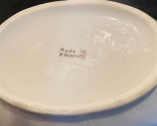 Lot 6132. $120.00. Antique Meissen Blue/White Soup Tureen w/underplate, in a lattice-work design,.we believe it's marked with the 1934 Meissen Mark of crossed swords. Made in Germany. Has a couple rim chips, but seem not to show. Also, Bonus: a Two-Spouted, 2 Handled Pitcher or Creamer, with a spout on either end. one spout is marked "M" and one "G", measures 6.5" in length, 5" from handle to handle. Such an unusual piece! Bottom is marked Made in France.