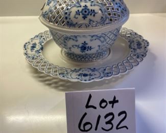 Lot 6132. $120.00. Antique Meissen Blue/White Soup Tureen w/underplate, in a lattice-work design,.we believe it's marked with the 1934 Meissen Mark of crossed swords. Made in Germany. Has a couple rim chips, but seem not to show. Also, Bonus: a Two-Spouted, 2 Handled Pitcher or Creamer, with a spout on either end. one spout is marked "M" and one "G", measures 6.5" in length, 5" from handle to handle. Such an unusual piece! Bottom is marked Made in France.