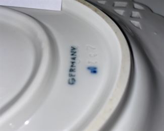 Lot 6132. $120.00. Antique Meissen Blue/White Soup Tureen w/underplate, in a lattice-work design,.we believe it's marked with the 1934 Meissen Mark of crossed swords. Made in Germany. Has a couple rim chips, but seem not to show. Also, Bonus: a Two-Spouted, 2 Handled Pitcher or Creamer, with a spout on either end. one spout is marked "M" and one "G", measures 6.5" in length, 5" from handle to handle. Such an unusual piece! Bottom is marked Made in France.