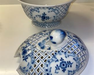 Lot 6132. $120.00. Antique Meissen Blue/White Soup Tureen w/underplate, in a lattice-work design,.we believe it's marked with the 1934 Meissen Mark of crossed swords. Made in Germany. Has a couple rim chips, but seem not to show. Also, Bonus: a Two-Spouted, 2 Handled Pitcher or Creamer, with a spout on either end. one spout is marked "M" and one "G", measures 6.5" in length, 5" from handle to handle. Such an unusual piece! Bottom is marked Made in France.