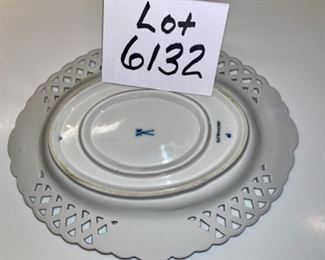 Lot 6132. $120.00. Antique Meissen Blue/White Soup Tureen w/underplate, in a lattice-work design,.we believe it's marked with the 1934 Meissen Mark of crossed swords. Made in Germany. Has a couple rim chips, but seem not to show. Also, Bonus: a Two-Spouted, 2 Handled Pitcher or Creamer, with a spout on either end. one spout is marked "M" and one "G", measures 6.5" in length, 5" from handle to handle. Such an unusual piece! Bottom is marked Made in France.