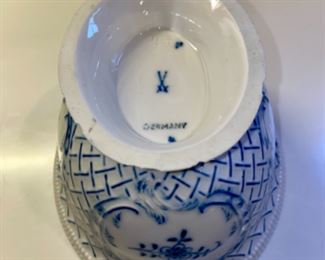 Lot 6132. $120.00. Antique Meissen Blue/White Soup Tureen w/underplate, in a lattice-work design,.we believe it's marked with the 1934 Meissen Mark of crossed swords. Made in Germany. Has a couple rim chips, but seem not to show. Also, Bonus: a Two-Spouted, 2 Handled Pitcher or Creamer, with a spout on either end. one spout is marked "M" and one "G", measures 6.5" in length, 5" from handle to handle. Such an unusual piece! Bottom is marked Made in France.
