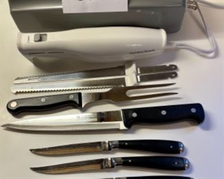 Lot 6134. $45.00 Hamilton Beach Electric Meat Slicer (tested), 3 vintage hoffritz steak knives (1 bonus), 1 Henckels Serrated Eversharp Pro and a Carving Fork plus extras! Sharp Lot!