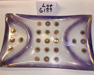 Lot 6133. $28.00 Mid Century Vintage Starburst serving tray. Also included is a set of Mid Century Cocktail glass set, with both 3" and 2" We are throwing in the little pitcher as the bottom is cloudy. the Tray Has a purpley hue and would be perfect for that crudite.