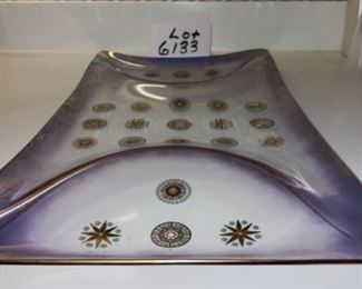 Lot 6133. $28.00 Mid Century Vintage Starburst serving tray. Also included is a set of Mid Century Cocktail glass set, with both 3" and 2" We are throwing in the little pitcher as the bottom is cloudy. the Tray Has a purpley hue and would be perfect for that crudite.