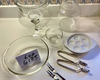 Lot 6135. $40.00 Glass Serving/Prep Package. Shrimp Cocktail serving bowl, (Bottom holds ice, top the shrimp, Water or Juice Pitcher, Pyrex 1.5 qt. casserole dish, cute footed salt bowl and 2 white escargo sets with white baking dishes, 2 fish forks and 2 escargo "tongs".