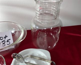 Lot 6135. $40.00 Glass Serving/Prep Package. Shrimp Cocktail serving bowl, (Bottom holds ice, top the shrimp, Water or Juice Pitcher, Pyrex 1.5 qt. casserole dish, cute footed salt bowl and 2 white escargo sets with white baking dishes, 2 fish forks and 2 escargo "tongs".