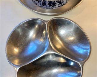 Lot 6137.$76.00. Nambè Vintage 3-sectioned silver serving tray (11"), Vintage Blue and White "Buewilum Aluminum" Bowl w/ceramic insert (12") , and finally a lovely Glass leaf pattern oblong serving tray (great for sushi)17" x 7.5"