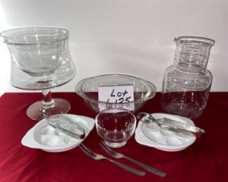 Lot 6135. $40.00 Glass Serving/Prep Package. Shrimp Cocktail serving bowl, (Bottom holds ice, top the shrimp, Water or Juice Pitcher, Pyrex 1.5 qt. casserole dish, cute footed salt bowl and 2 white escargo sets with white baking dishes, 2 fish forks and 2 escargo "tongs".