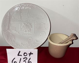 Lot 6136. $24.00 Frankoma Pottery "Oklahoma" Plate with design in relief, and a Bennington Potters Mortar and Pestle