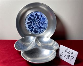 Lot 6137.$76.00. Nambè Vintage 3-sectioned silver serving tray (11"), Vintage Blue and White "Buewilum Aluminum" Bowl w/ceramic insert (12") , and finally a lovely Glass leaf pattern oblong serving tray (great for sushi)17" x 7.5"