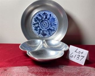 Lot 6137.$76.00. Nambè Vintage 3-sectioned silver serving tray (11"), Vintage Blue and White "Buewilum Aluminum" Bowl w/ceramic insert (12") , and finally a lovely Glass leaf pattern oblong serving tray (great for sushi)17" x 7.5"