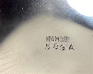 Lot 6137.$76.00. Nambè Vintage 3-sectioned silver serving tray (11"), Vintage Blue and White "Buewilum Aluminum" Bowl w/ceramic insert (12") , and finally a lovely Glass leaf pattern oblong serving tray (great for sushi)17" x 7.5"