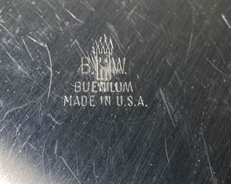 Lot 6137.$76.00. Nambè Vintage 3-sectioned silver serving tray (11"), Vintage Blue and White "Buewilum Aluminum" Bowl w/ceramic insert (12") , and finally a lovely Glass leaf pattern oblong serving tray (great for sushi)17" x 7.5"