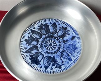 Lot 6137.$76.00. Nambè Vintage 3-sectioned silver serving tray (11"), Vintage Blue and White "Buewilum Aluminum" Bowl w/ceramic insert (12") , and finally a lovely Glass leaf pattern oblong serving tray (great for sushi)17" x 7.5"