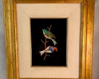 Lot 6138 $325.00 Framed Lapidary Inlay of 2 birds on a branch. Beautiful colors, by Sidney Garber 1986. Purchased in Milan by the homeowner. 14"h x 12"w check out the close ups of these beautiful birds! Bella!